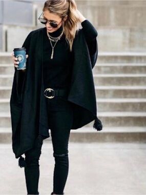 Cleobella Black Tassel-Trim Poncho Sweater Sevigny capelet nwot